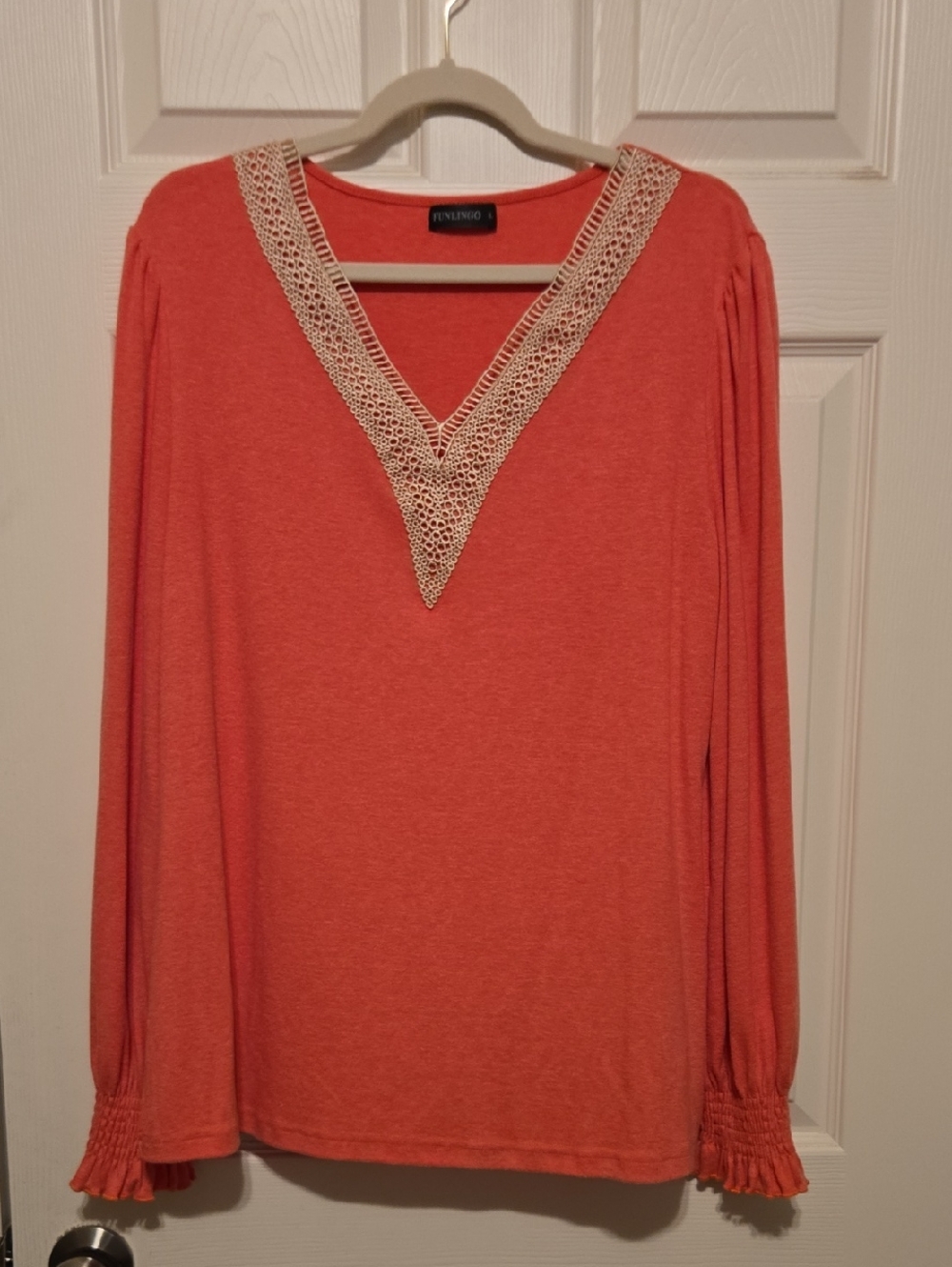 Coral Lace-Trim V-Neck Long Sleeve Top